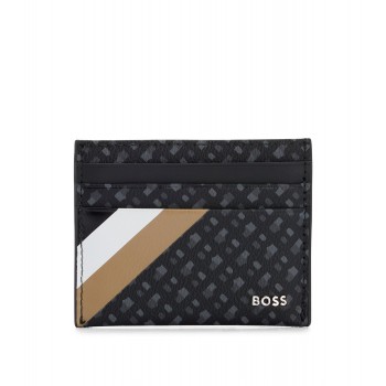 Hugo Boss Card holder in monogram-print Italian fabric with stripe 4063535025296 Black