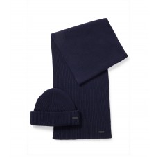 Hugo Boss Scarf and beanie hat set with faux-leather logo 4063536497504 Dark Blue