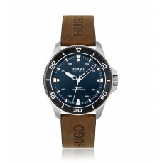 Hugo Boss Blue-dial watch with logo-stamped leather strap 7613272442855 Brown