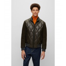 Hugo Boss Quilted-leather jacket with wool-blend sleeves 50476429-308 Dark Green