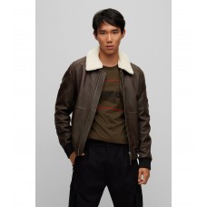 Hugo Boss Regular-fit biker jacket in leather with teddy trim 50481772-202 Dark Brown