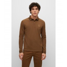 Hugo Boss Long-sleeved stretch-cotton polo shirt with logo patch 50484860-217 Brown
