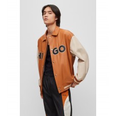 Hugo Boss Colour-blocked logo varsity jacket in leather 50487280-810 Orange