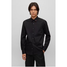 Hugo Boss Logo-collar slim-fit shirt in stretch-cotton canvas 50495900-001 Black
