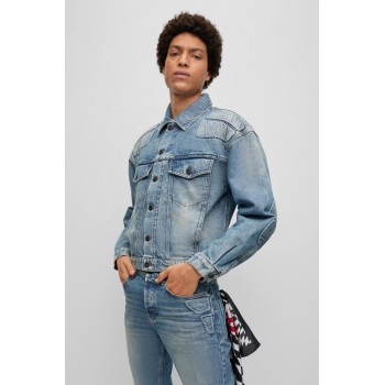Hugo Boss Biker-style jacket in mid-blue broken-twill denim 50496518-449 Blue