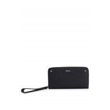 Hugo Boss Grained-leather ziparound wallet with wristlet 50487229 Black